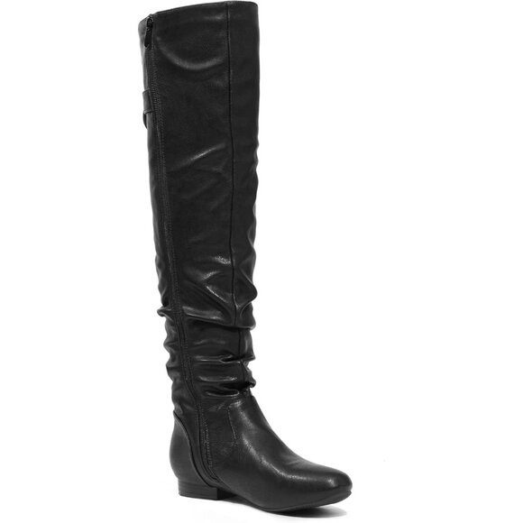 Women's Black/Pu Suede Over The Knee Thigh High Winter Low Heel Western Boots - Picture 3 of 5